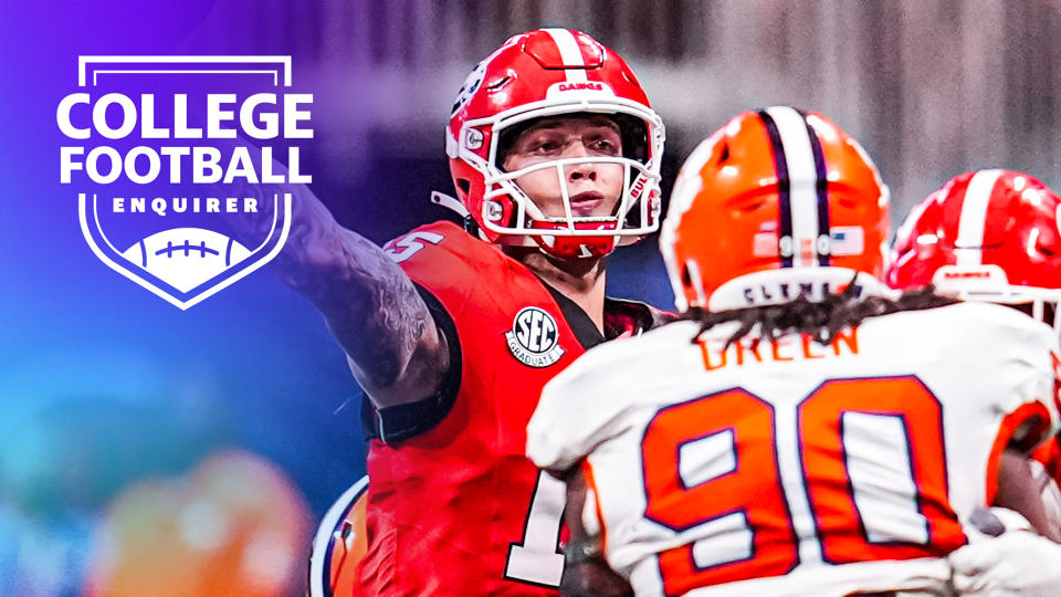 Aug 31, 2024; Atlanta, Georgia, USA; Georgia Bulldogs quarterback Carson Beck (15) passes the ball against the Clemson Tigers during the second half at Mercedes-Benz Stadium. Mandatory Credit: Dale Zanine-USA TODAY Sports