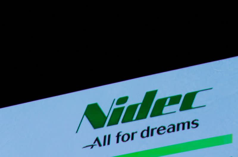 FILE PHOTO: Nidec Corp's logo is pictured at an earnings results news conference in Tokyo in 2018