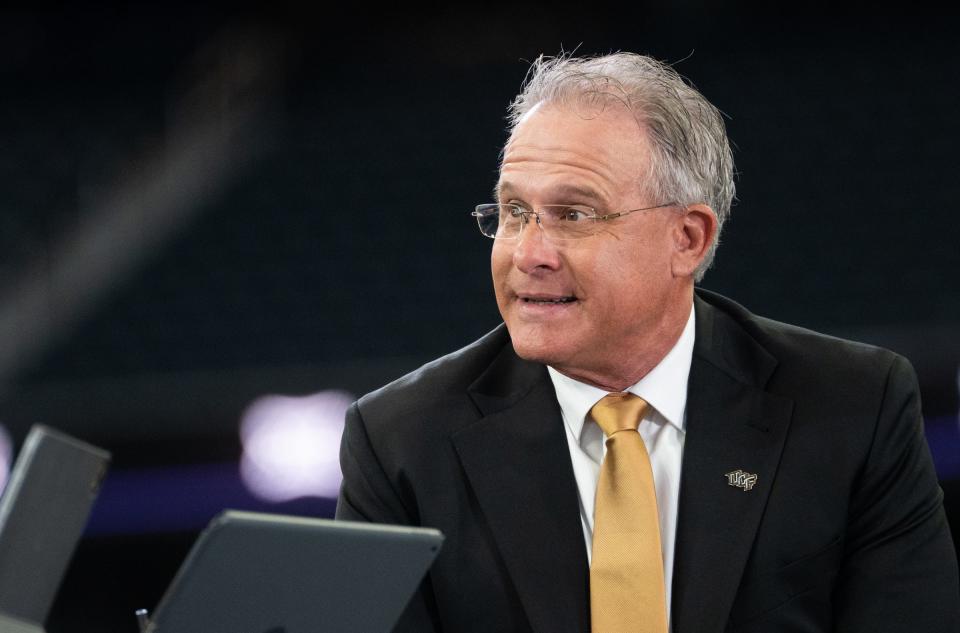 University of Central Florida Head Coach Gus Malzahn goes on ESPN on the second day of Big 12 Media Days in AT&T Stadium in Arlington, Texas, July 13, 2023. 