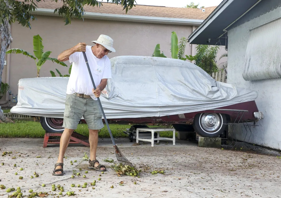 Garry Sears, 78, collects fallen pecans from his pecan tree on Monday, Aug 28, 2023, near his collectible 1953 Ford sedan which he has elevated to keep out of storm surge. Sears, who said he had four inches of water in his Florida room during Tropical Storm Eta, in November 2020, is anticipating as much surge from Tropical Storm Idalia which intensified early Monday and is expected to become a major hurricane before it reaches Florida's Gulf coast. (Douglas R. Clifford/Tampa Bay Times via AP)