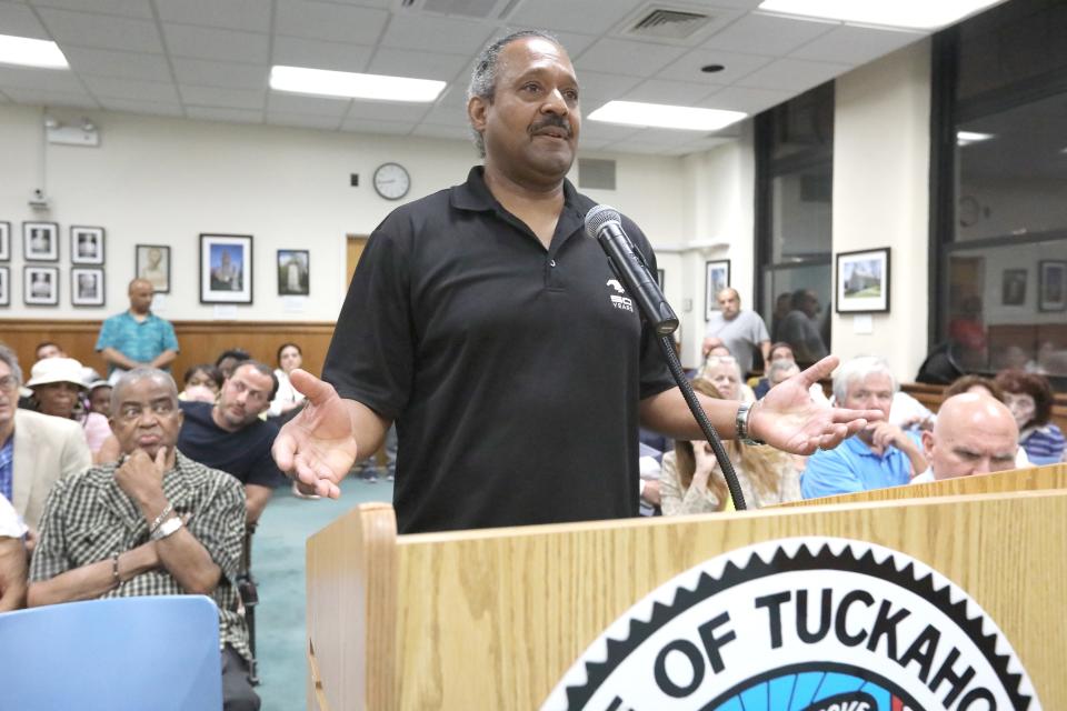 Joe "Scooter" Scott speaks during a village board meeting at Tuckahoe Village Hall June 3, 2024.