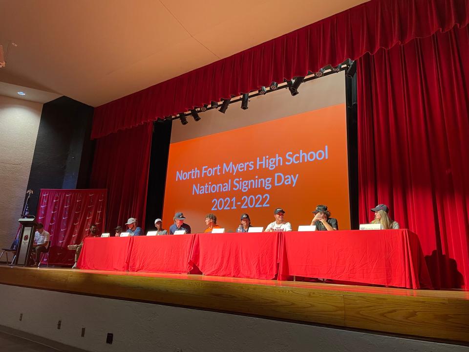 North Fort Myers's Gavin Lepore (Football)- Ave Maria,
Nekhi Perry (Cross Country & Track)- Florida Southern College, Aiden Denlinger (Baseball)- Southern Arkansas University Tech, Gavin Hause (Baseball)- South Florida State College, Dylan Mercer (Baseball)- Southern Arkansas University Tech, Riley Reed (Baseball)- Barry University, Logan Smith (Baseball)- Pasco Hernando State College, and Michelle Horan (Soccer)- FAU signed their NLI's Wednesday morning.