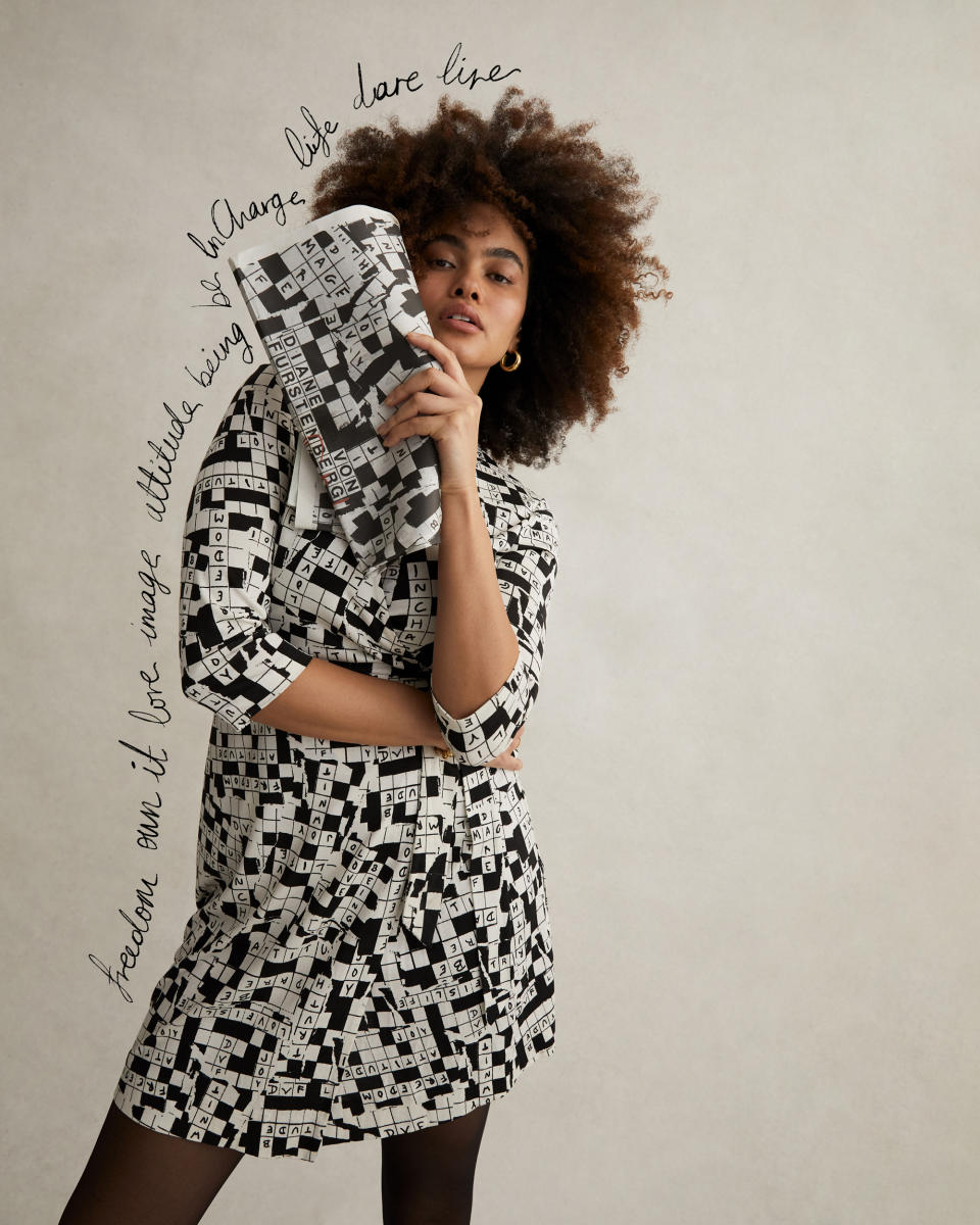 An image of the crossword puzzle dress, Diane von Furstenberg, history of the dvf wrap dress