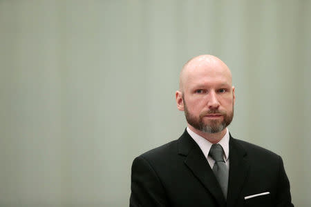 Anders Behring Breivik is pictured on the last day of the appeal case in Borgarting Court of Appeal at Telemark prison in Skien, Norway, January 18, 2017. NTB Scanpix/Lise Aaserud via REUTERS