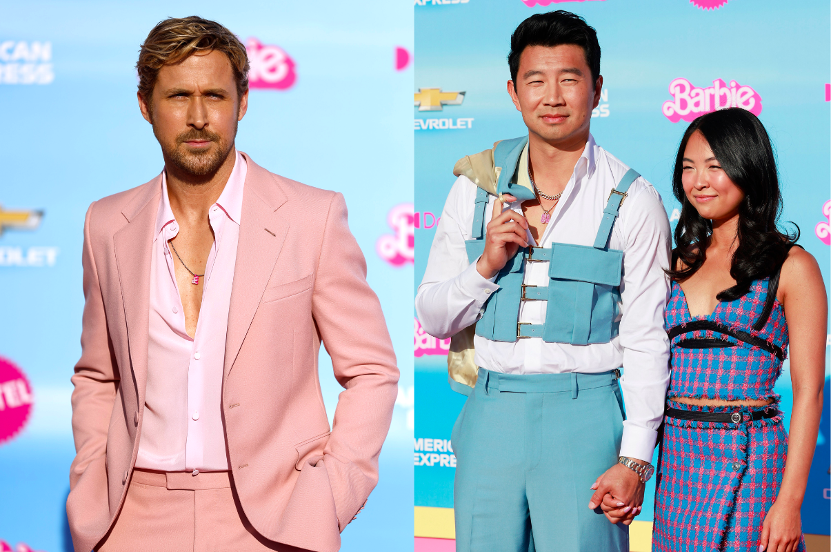 Canadian actors Ryan Gosling and Simu Liu (joined by girlfriend Allison Hsu) showed out for the Barbie premiere Monday night. (Getty)