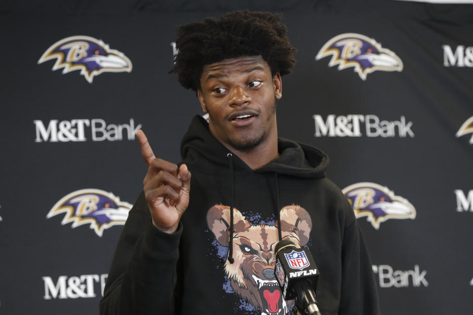 Baltimore Ravens quarterback Lamar Jackson meets with reporters after an overtime win over the Pittsburgh Steelers in an NFL football game in Pittsburgh, Sunday, Oct. 6, 2019. (AP Photo/Gene J. Puskar)