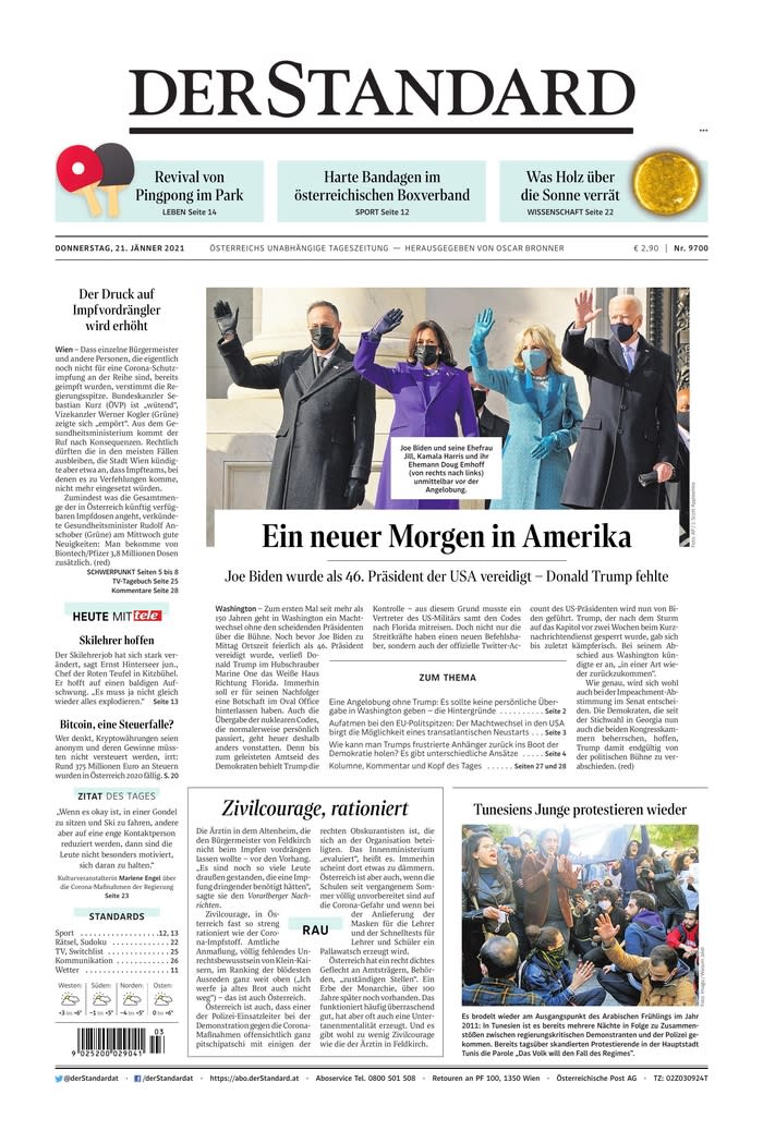 January 21, 2021 front page of Der Standard