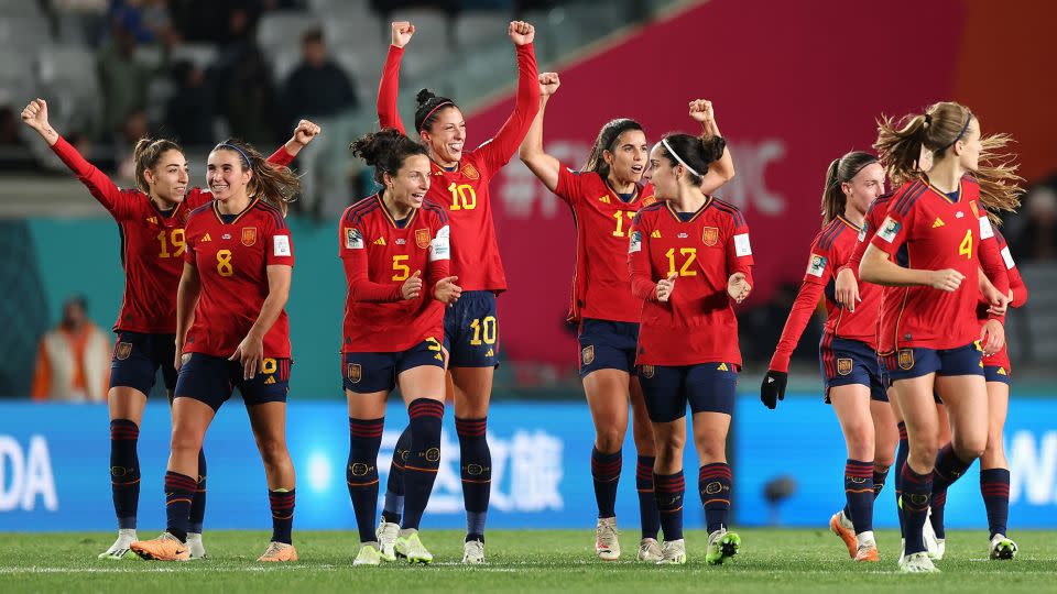 Spain's players celebrate the team's fourth goal against Zambia. - Phil Walter/Getty Images