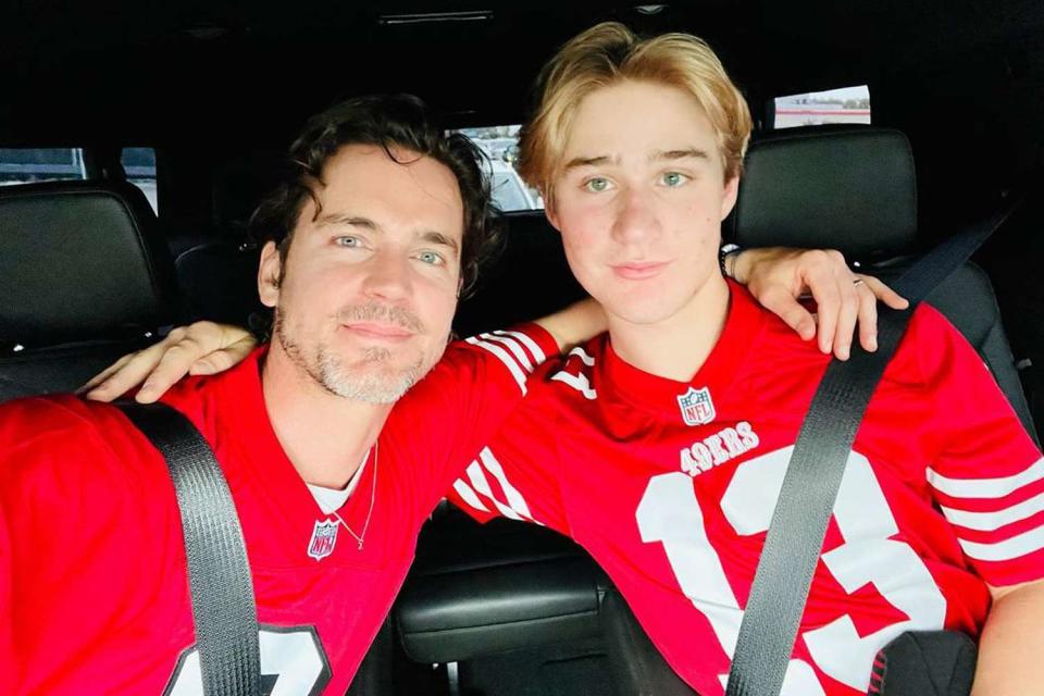 <p>Matt Bomer/Instagram</p> Matt Bomer poses with his son before attending a football game