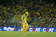 Chennai Super Kings' Ravindra Jadeja walks off the field after losing his wicket during the Indian Premier League cricket match between Chennai Super Kings and Rajasthan Royals in Chennai, India, Sunday, May 12, 2024. (AP Photo/R. Parthibhan)
