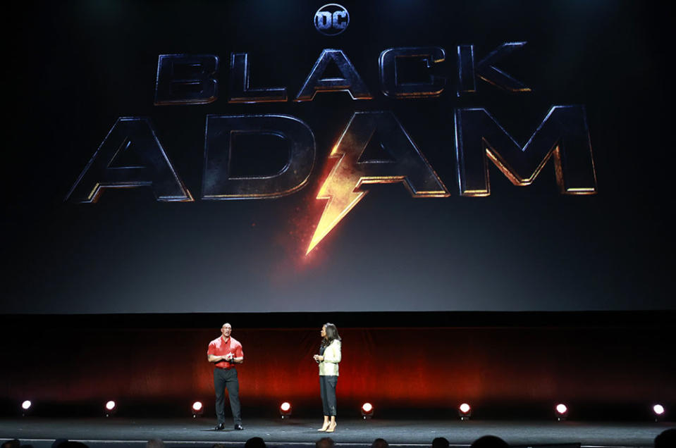 Dwayne Johnson and Aisha Tyler speak onstage during CinemaCon. - Credit: Frazer Harrison/Getty Images