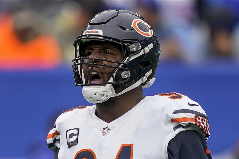 FILE - Chicago Bears linebacker Robert Quinn (94) reacts during the fourth quarter of an NFL football game against the New York Giants, on Sunday, Oct. 2, 2022, in East Rutherford, N.J. The undefeated Philadelphia Eagles acquired three-time Pro Bowl defensive end Robert Quinn from the Bears on Wednesday, Oct. 26, 2022, a person familiar with the situation said. The person spoke on the condition of anonymity because the teams haven’t officially announced the move. Chicago gets a fourth-round pick in return. The NFL Network and ESPN first reported the trade. (AP Photo/John Minchillo, File)