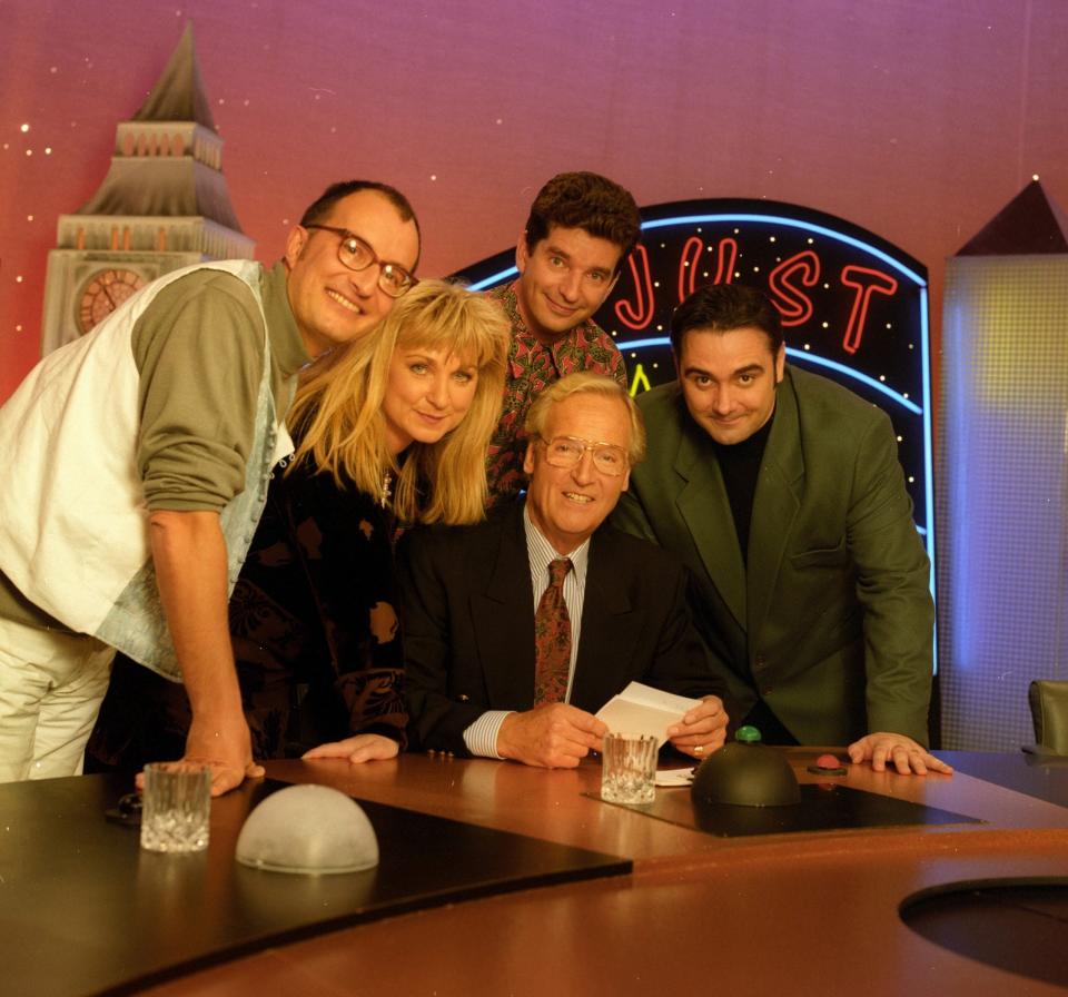 Hesketh-Harvey in 1994 with his Just a Minute colleagues Helen Lederer, Tony Hawks, Nicholas Parsons and Tony Slattery - ITV/Shutterstock
