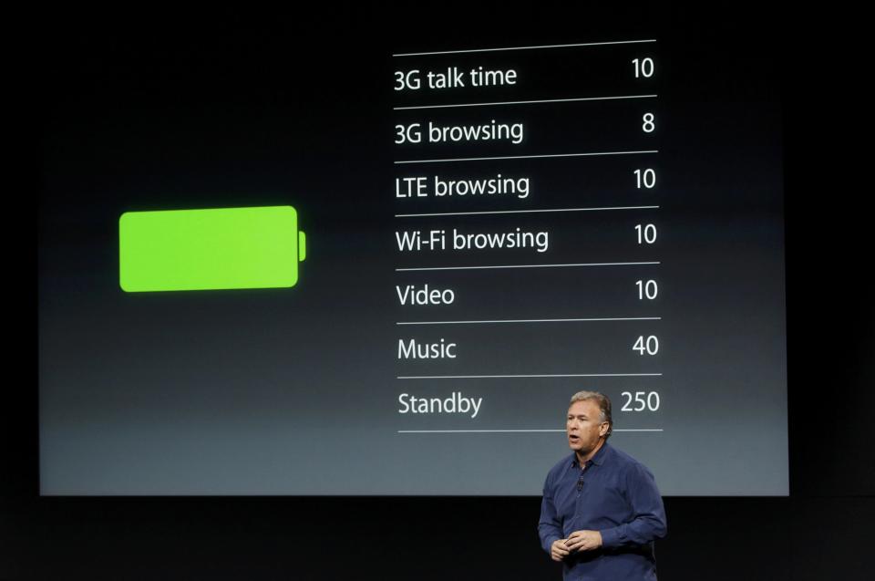 Phil Schiller, senior vice president of worldwide marketing for Apple Inc, talks about phone battery life during Apple Inc's media event in Cupertino