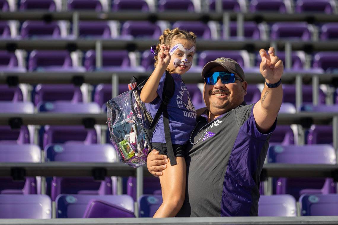 Fans fill into the Amon G. Carter Stadium ahead of the TCU v. Oklahoma football game in Fort Worth, Texas, on Saturday, Oct. 1, 2022.