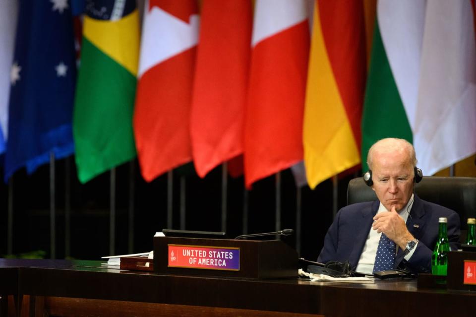 <div class="inline-image__caption"><p>Joe Biden attends a working session on food and energy security during the G20 Summit on November 15, 2022 in Indonesia.</p></div> <div class="inline-image__credit">Leon Neal/Getty</div>