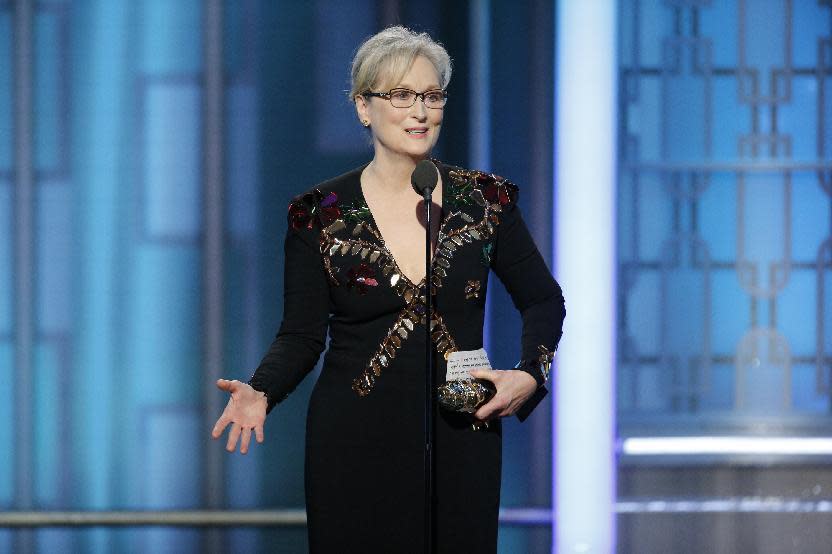 FILE - This Jan. 8, 2017 file image released by NBC shows Meryl Streep accepting the Cecil B. DeMille Award at the 74th Annual Golden Globe Awards in Beverly Hills, Calif. Streep gave an impassioned speech at the Golden Globes criticizing President-elect Donald Trump for mocking a disabled reporter and calling for the defense of a free press. (Paul Drinkwater/NBC via AP, File)