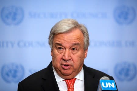 United Nations Secretary General Antonio Guterres speaks at the Security Council stakeout at the United Nations headquarters in New York