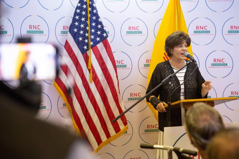 U.S. Rep. Yvette Herrell, R-N.M., speaks to the crowd during the opening of a Republican Party Hispanic outreach center on Wednesday, Sept. 7, 2022, at the center.