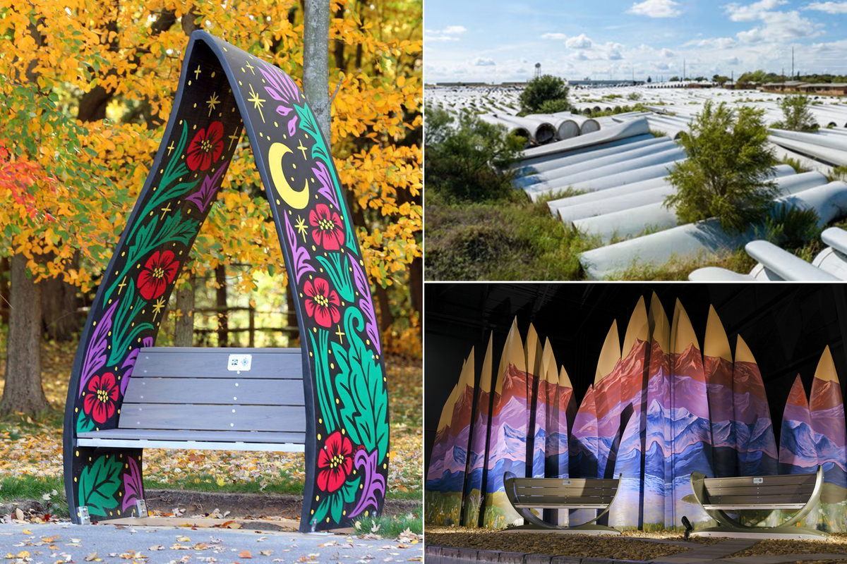 Canvus, a company based in Ohio, has created sturdy outdoor furniture made from decommissioned wind turbine pieces. Top right, decommissioned wind turbine blades in a field in Sweetwater, Texas (Canvus/Getty)