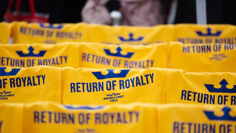 Towels marking the return of the National Women’s Soccer League team, the Utah Royals, hang on the backs of chairs during a news conference by the Real Salt Lake ownership at America First Field in Sandy on March 11, 2023.