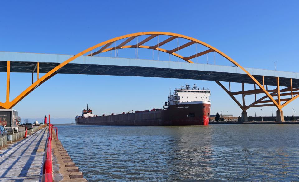 The Stewart J Cort. ship makes its way under the Hoan Bridge to the Port of Milwaukee off of Lake Michigan in Milwaukee on Jan. 16, 2020.