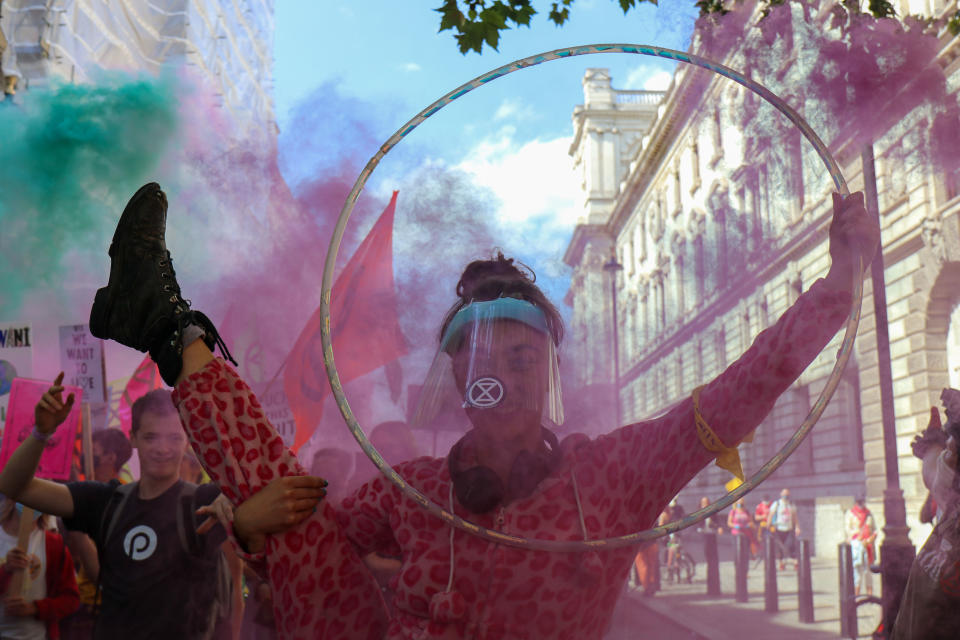 Activists of international climate action group Extinction Rebellion march from Trafalgar Square to Parliament Square on the first of a planned 10 day take over of London, England, on September 1, 2020. (Photo by Lucy North/MI News/NurPhoto via Getty Images)