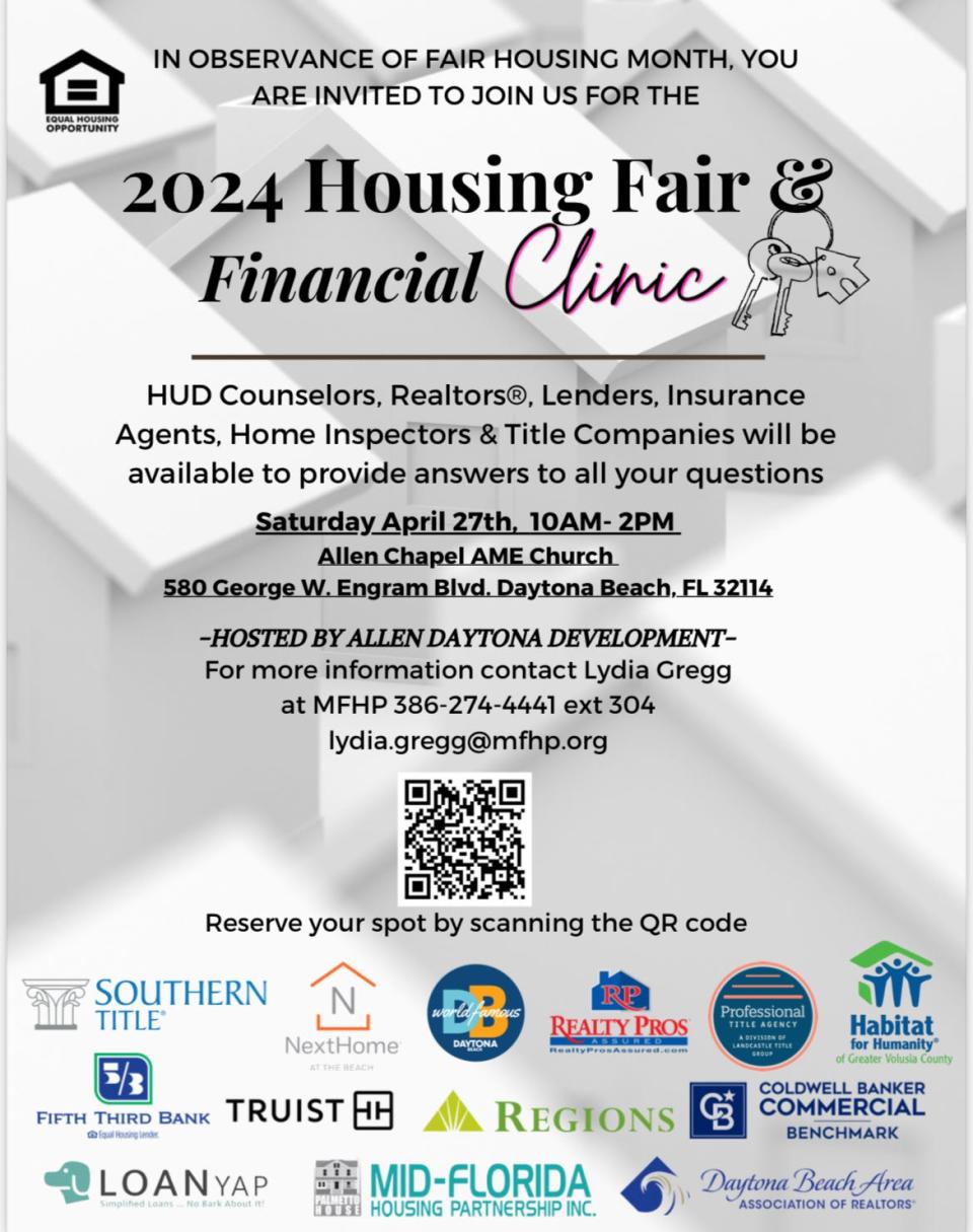 This is a screenshot of the flier promoting the upcoming 2024 Housing Fair & Financial Clinic that will be held Saturday, April 27, from 10 a.m. to 2 p.m. at Allen Chapel AME Church, 580 George W. Engram Blvd., Daytona Beach. The free event offers information to help first-time homebuyers as well as those who are struggling financially to stay in their home and are in need of various financial, legal, insurance and health care services.