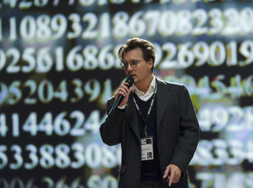 This photo released by Warner Bros. shows Johnny Depp as Will Caster in Alcon Entertainment's sci-fi thriller "Transcendence," a Warner Bros. Pictures release. The movie releases in the U.S. on April 18, 2014. (AP Photo/Alcon Entertainment-Warner Bros. Pictures, Peter Mountain)