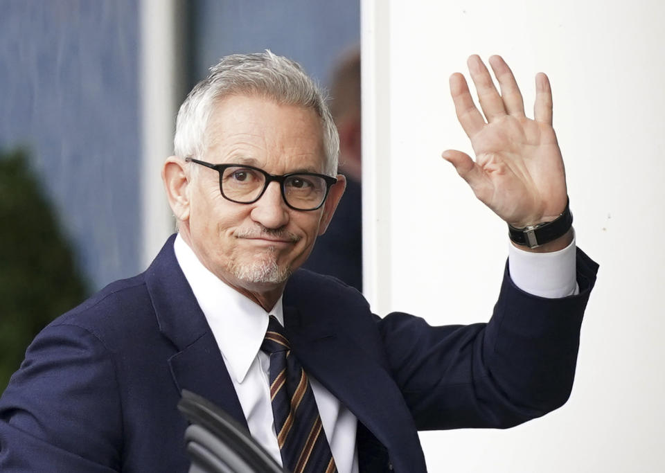 Soccer broadcaster Gary Lineker arrives ahead of the English Premier League soccer match between Leicester City and Chelsea, at the King Power Stadium, in Leicester, England, Saturday, March 11, 2023. (Mike Egerton/PA via AP)