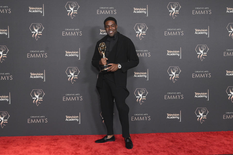 Sam Richardson poses in the press room with the award for outstanding guest actor in a comedy series for "Ted Lasso" during night one of the Creative Arts Emmy Awards on Saturday, Jan. 6, 2024, at the Peacock Theater in Los Angeles. (Photo by Richard Shotwell/Invision/AP)