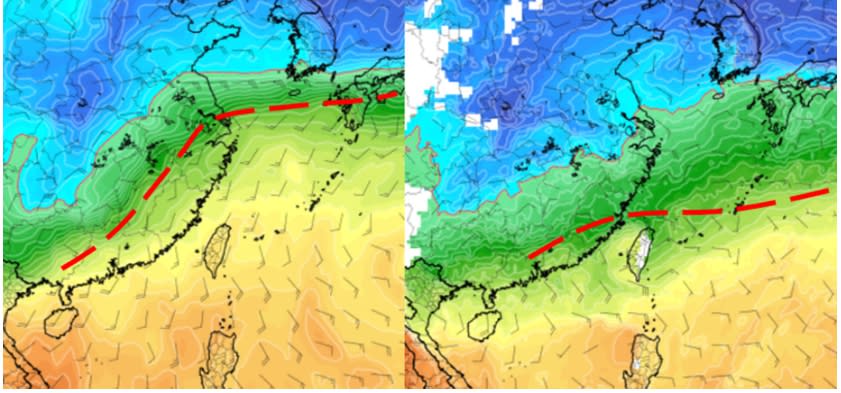 最新(17日20時)歐洲中期預報中心(ECMWF)模式850百帕模擬圖顯示 ，年初一(25日)20時台灣還在暖氣團內(左圖)，各地仍溫暖穩定。美國(GFS)模式模擬則顯示，年初一(25日)20時鋒面已在台灣北部近海(右圖)，開始影響天氣。(圖擷自tropical tidbits/轉自「三立準氣象·老大洩天機」專欄)