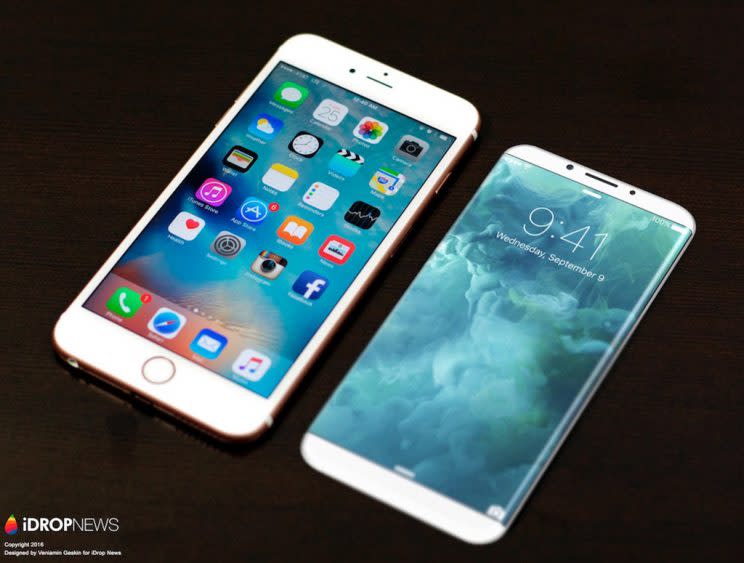 iPhone 7 (left) versus artist rendering of iPhone 8. (<a href="http://www.idropnews.com" rel="nofollow noopener" target="_blank" data-ylk="slk:iDropNews;elm:context_link;itc:0;sec:content-canvas" class="link ">iDropNews</a>)