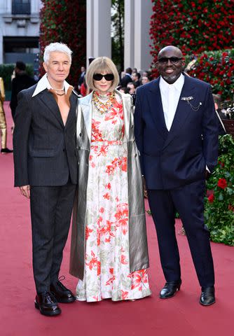 <p>Gareth Cattermole/Getty </p> Baz Luhrmann, Anna Wintour and Edward Enninful