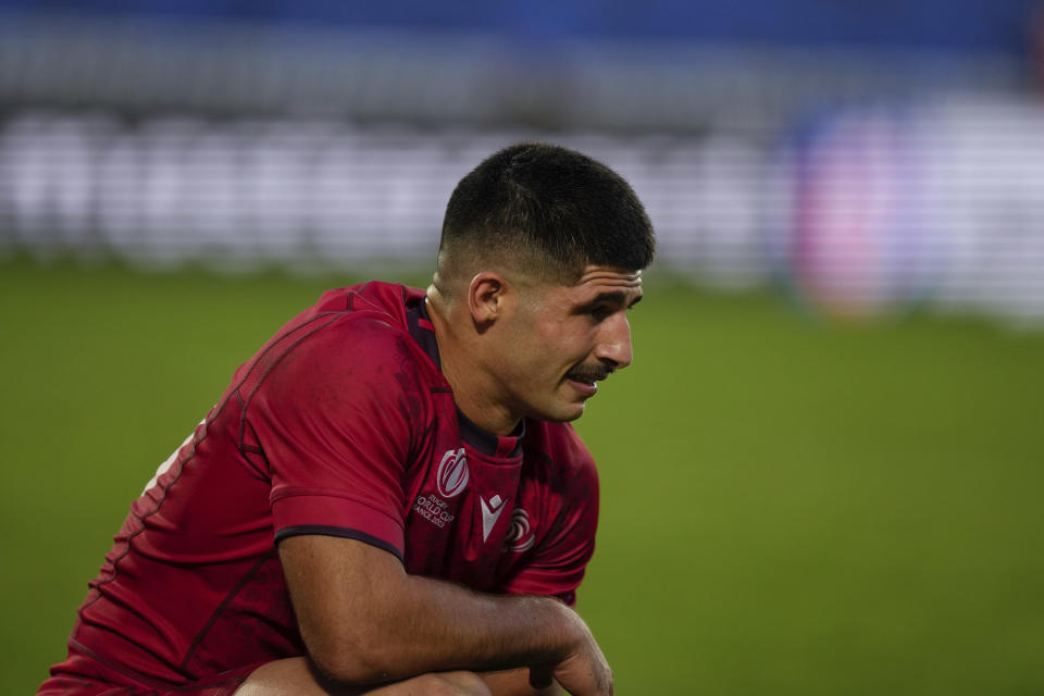 Georgia's Luka Matkava reacts at the end of the Rugby World Cup Pool C match between Fiji and Georgia at the Stade de Bordeaux in Bordeaux, France, Saturday, Sept. 30, 2023. (AP Photo/Thibault Camus)