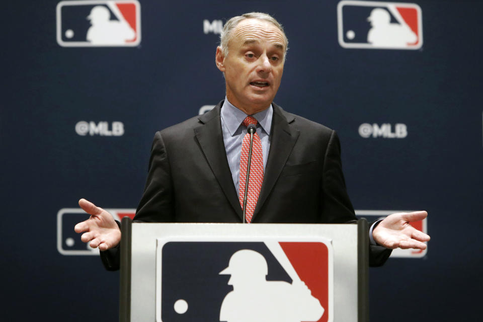 Baseball commissioner Rob Manfred speaks to the media at the owners meeting in Arlington, Texas, Thursday, Nov. 21, 2019. (AP Photo/LM Otero)