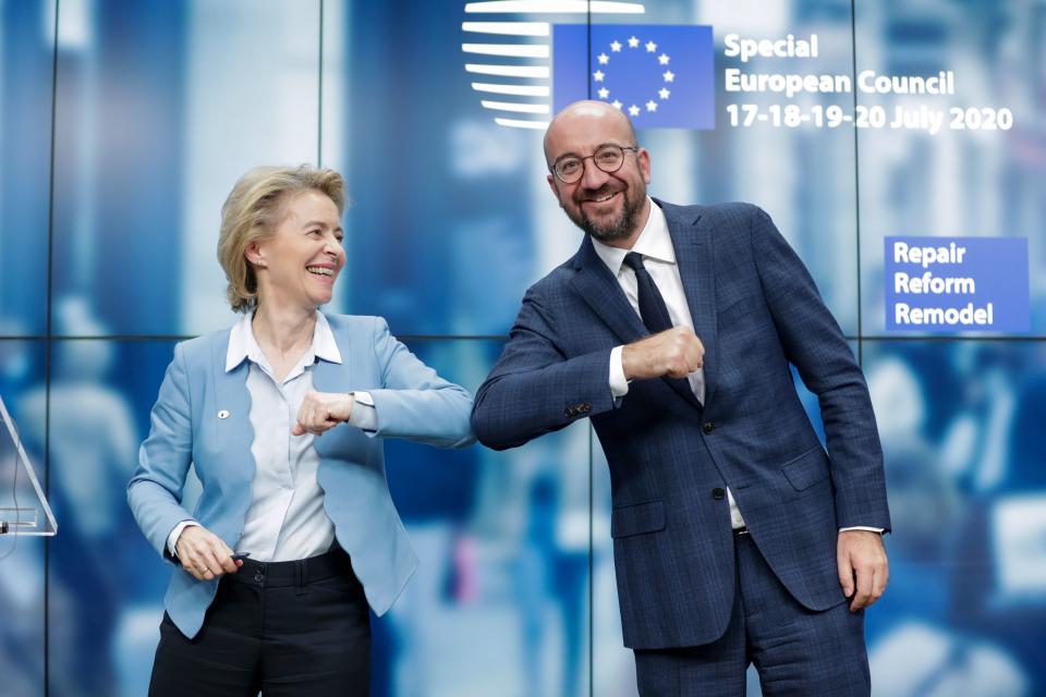 European Commission president Ursula Von Der Leyen, left, and European Council president Charles Michel bump elbows following conclusion of the summit in Brussels, Belgium. Photo: Stephanie Lecocq/AFP via Getty Images