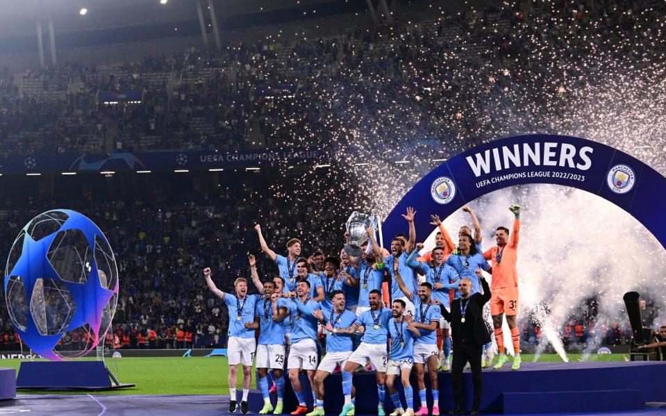 Manchester City lift the Champions League trophy after defeating Inter Milan in the final in 2023