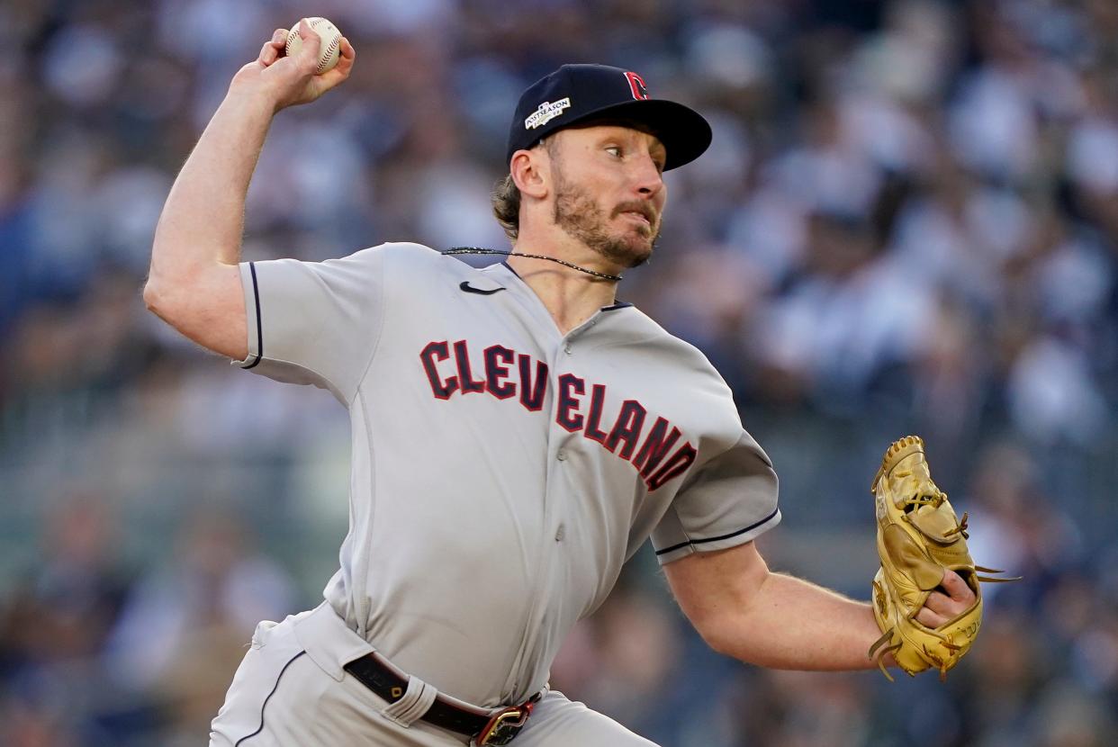 Guardians relief pitcher Trevor Stephan delivers against the Yankees during the third inning of Game 5 of an American League Division Series, Tuesday, Oct. 18, 2022, in New York.