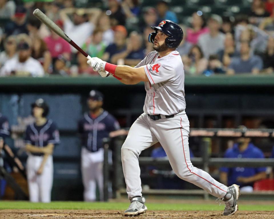 Niko Kavadas looks on after hitting a home run during a game for the Portland Sea Dogs this season.