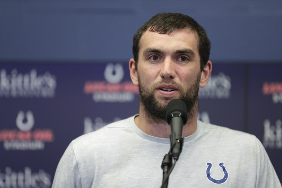 Indianapolis Colts quarterback Andrew Luck speaks during a news conference following the team's NFL preseason football game against the Chicago Bears, Saturday, Aug. 24, 2019, in Indianapolis. The oft-injured star is retiring at age 29. (AP Photo/Michael Conroy)