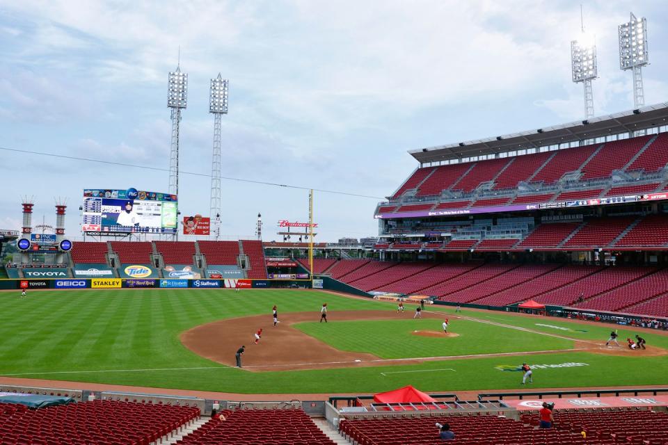 <p>A general view in the fourth inning of an exhibition game between the Detroit Tigers and the Cincinnati Reds at Great American Ball Park on July 21 in Cincinnati.</p>