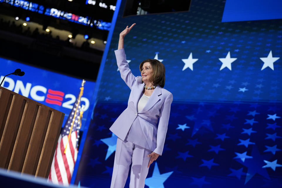 CHICAGO, ILLINOIS - AUGUST 21: Former Speaker of the House of Representatives Rep. Nancy Pelosi (D-CA) leaves the podium after speaking during the third day of the Democratic National Convention at the United Center on August 21, 2024 in Chicago, Illinois. Democratic Party delegates, politicians and supporters are in Chicago for the convention, which will culminate with current Vice President Kamala Harris accepting her party's presidential nomination. The DNC takes place August 19-22. (Photo by Andrew Harnik/Getty Images)