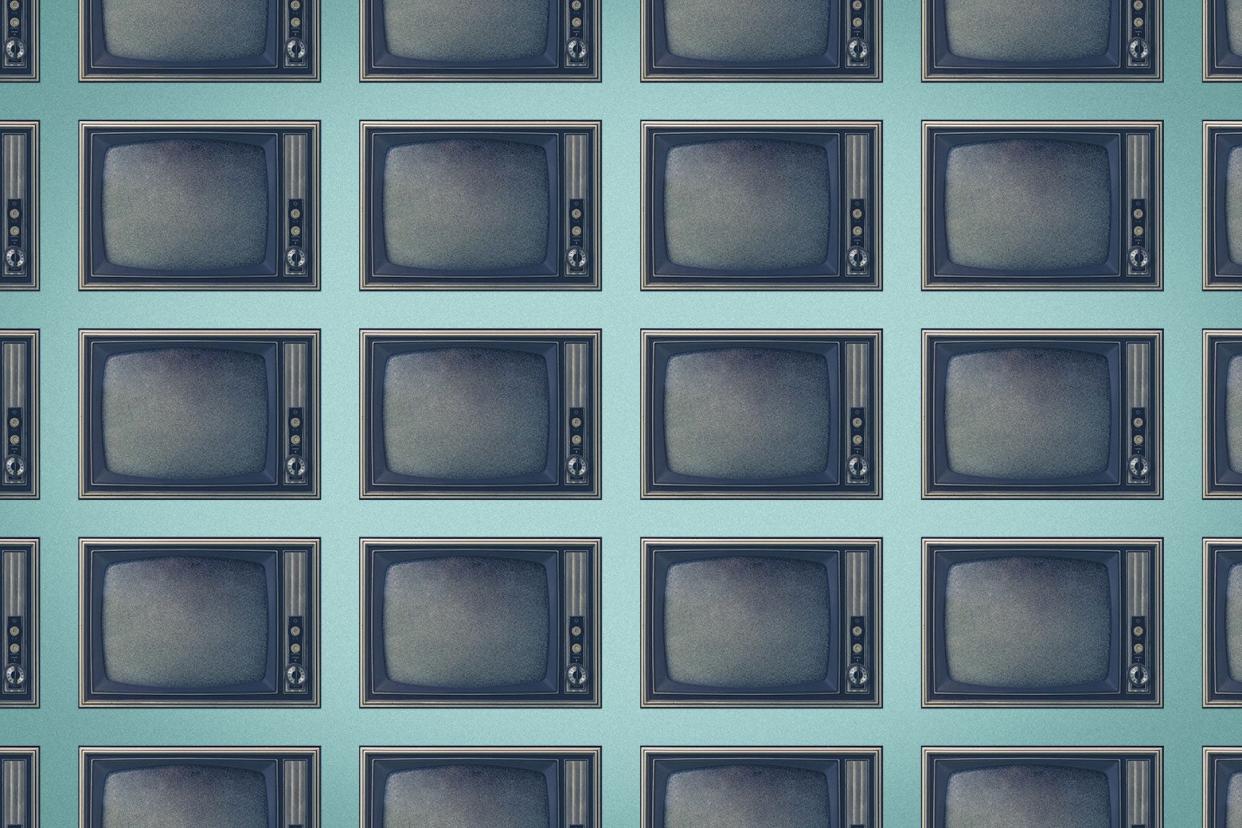 Several rows of retro television sets against a green background.