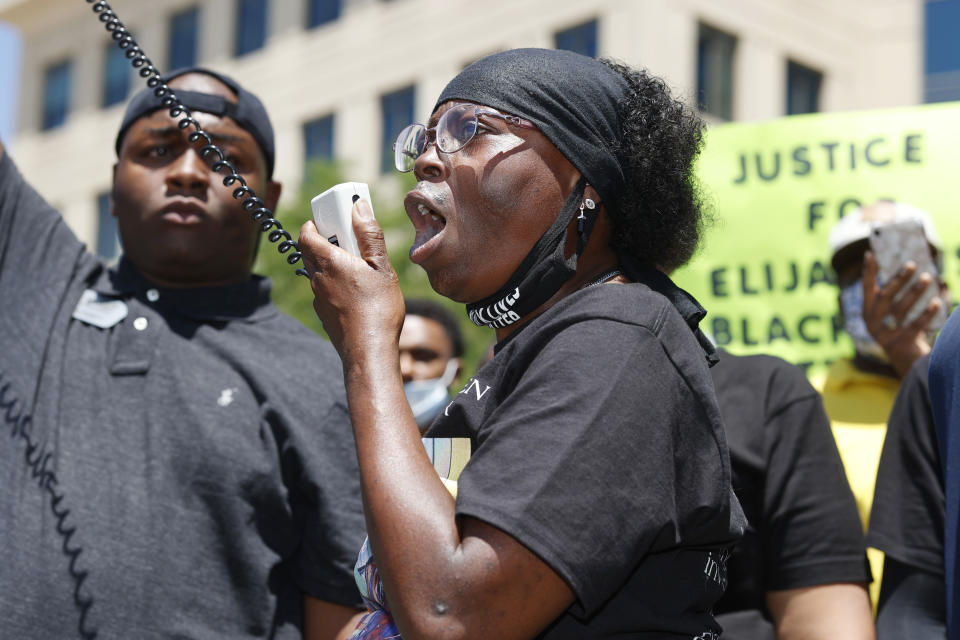 FILE - In this June 27, 2020, file photo, Sheneen McClain speaks during a rally and march over the death of her son, Elijah, outside the police department in Aurora, Colo. A trial for two of the officers charged for Elijah McClain's death is set to begin Friday, Sept. 15, 2023 with jury selection. (AP Photo/David Zalubowski, File)