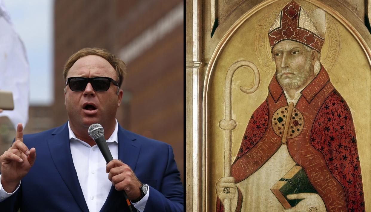 Alex Jones from infowars.com and St. Augustine. (Photo combination: Yahoo News, photos: Lucas Jackson/Reuters, Universal History Archive/Getty Images)