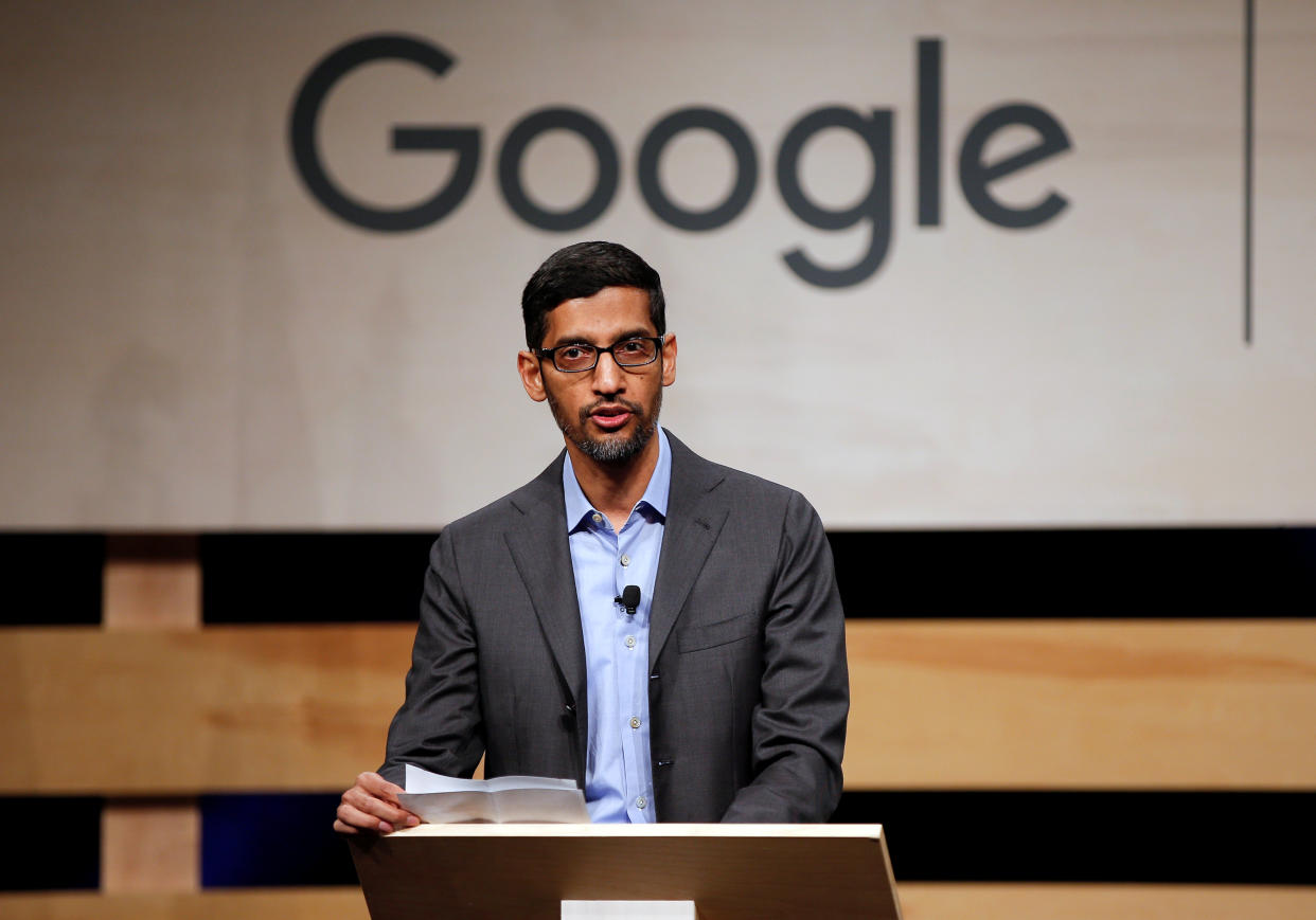 Google CEO Sundar Pichai speaks during signing ceremony committing Google to help expand information technology education at El Centro College in Dallas, Texas, U.S. October 3, 2019.  REUTERS/Brandon Wade