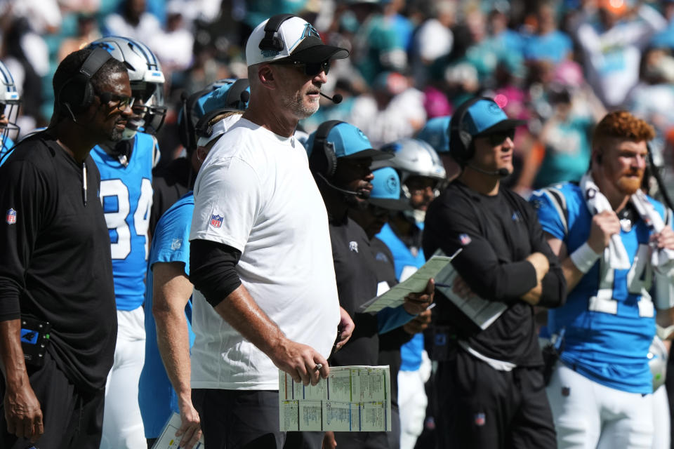 Carolina Panthers head coach Frank Reich watches from the sidelines during the second half of an NFL football game against the Miami Dolphins, Sunday, Oct. 15, 2023, in Miami Gardens, Fla. (AP Photo/Lynne Sladky)