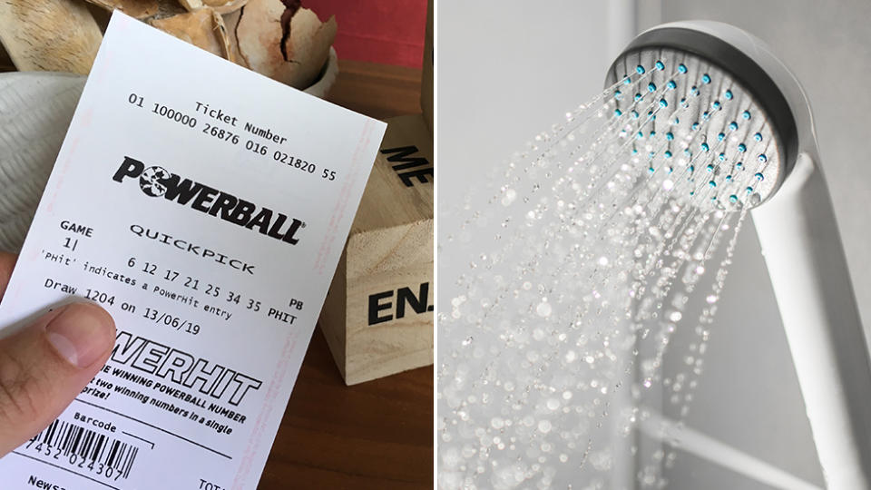 Picture of a Powerball lottery ticket and a shower head. 