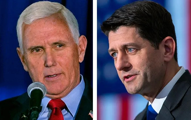 Former Vice President Mike Pence, left, and former House Speaker Paul Ryan, right